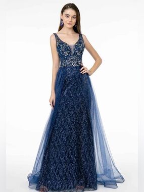 Elegant Navy Beaded Evening Gown - Sleeveless Formal Dress